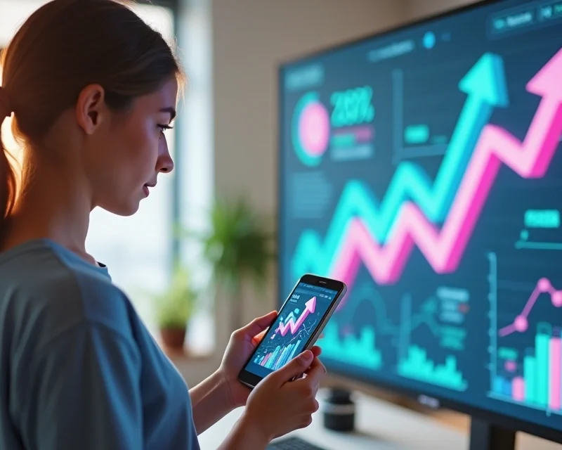 Pessoa segurando smartphone mostrando aplicativo TikTok com gráficos de vendas em segundo plano digital