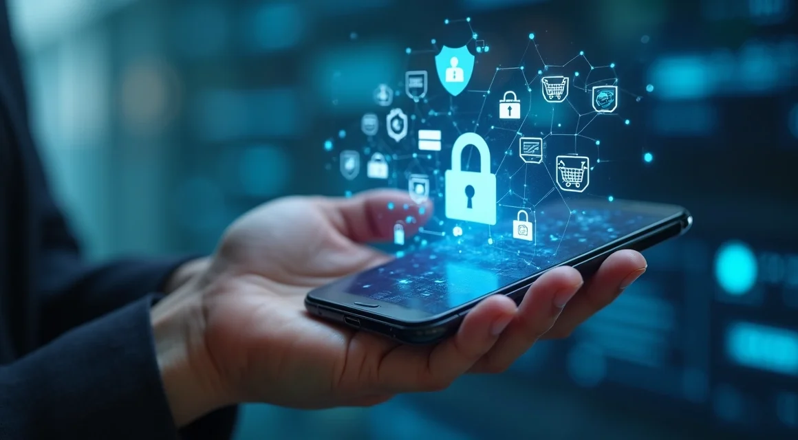 Close-up de uma mão segurando um celular com tela mostrando ícones de segurança digital e compras online