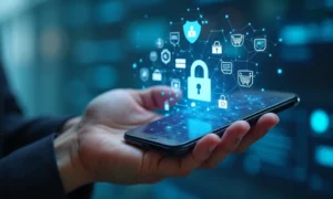 Close-up de uma mão segurando um celular com tela mostrando ícones de segurança digital e compras online