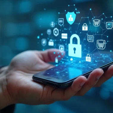 Close-up de uma mão segurando um celular com tela mostrando ícones de segurança digital e compras online