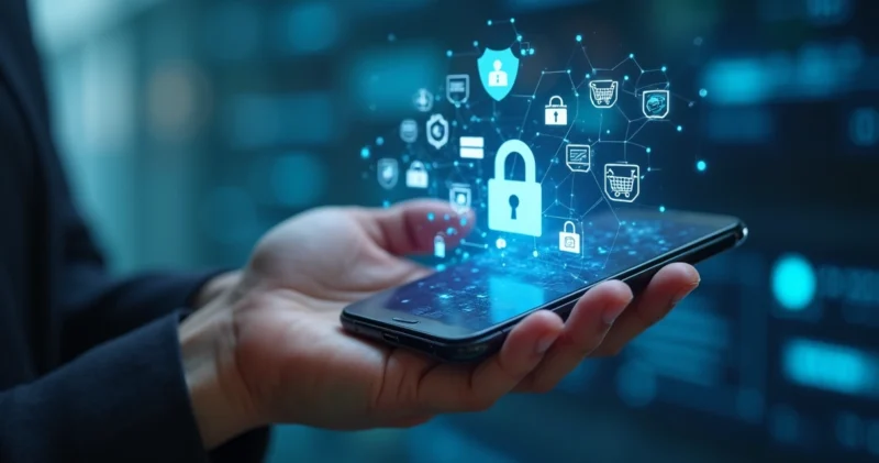 Close-up de uma mão segurando um celular com tela mostrando ícones de segurança digital e compras online