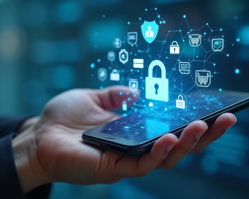 Close-up de uma mão segurando um celular com tela mostrando ícones de segurança digital e compras online