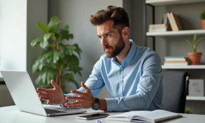 Profissional de vendas atendendo cliente por videochamada com expressão confiante, mostrando técnicas para lidar com objeções mais comuns