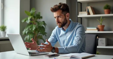 Profissional de vendas atendendo cliente por videochamada com expressão confiante, mostrando técnicas para lidar com objeções mais comuns