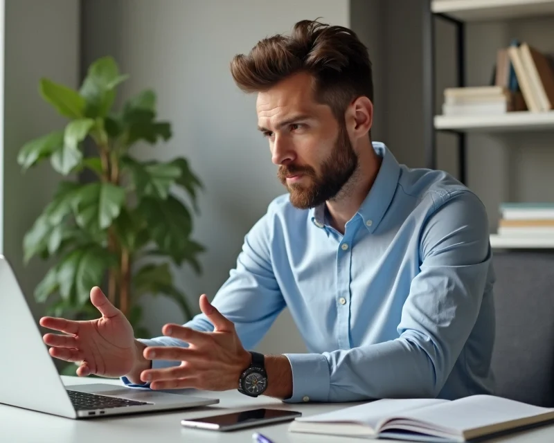 Profissional de vendas atendendo cliente por videochamada com expressão confiante, mostrando técnicas para lidar com objeções mais comuns