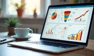 Computador aberto mostrando um painel digital de funil de vendas com gráficos e fluxos de automação detalhados