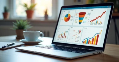 Computador aberto mostrando um painel digital de funil de vendas com gráficos e fluxos de automação detalhados