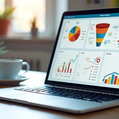 Computador aberto mostrando um painel digital de funil de vendas com gráficos e fluxos de automação detalhados