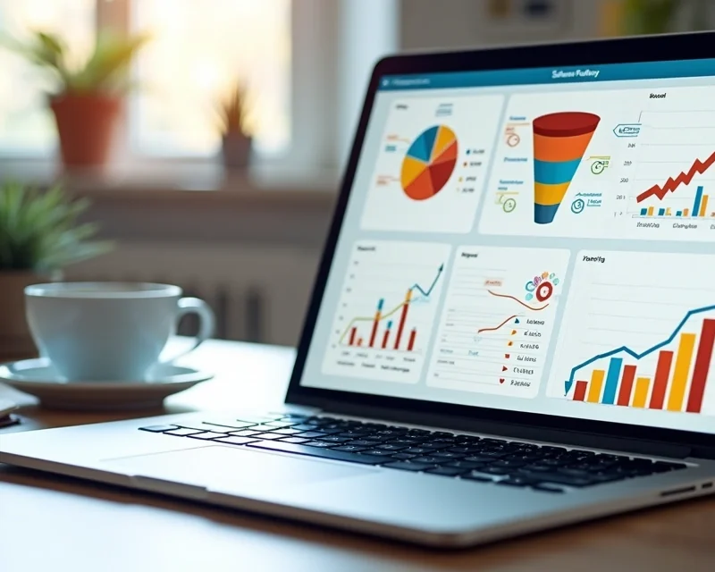 Computador aberto mostrando um painel digital de funil de vendas com gráficos e fluxos de automação detalhados