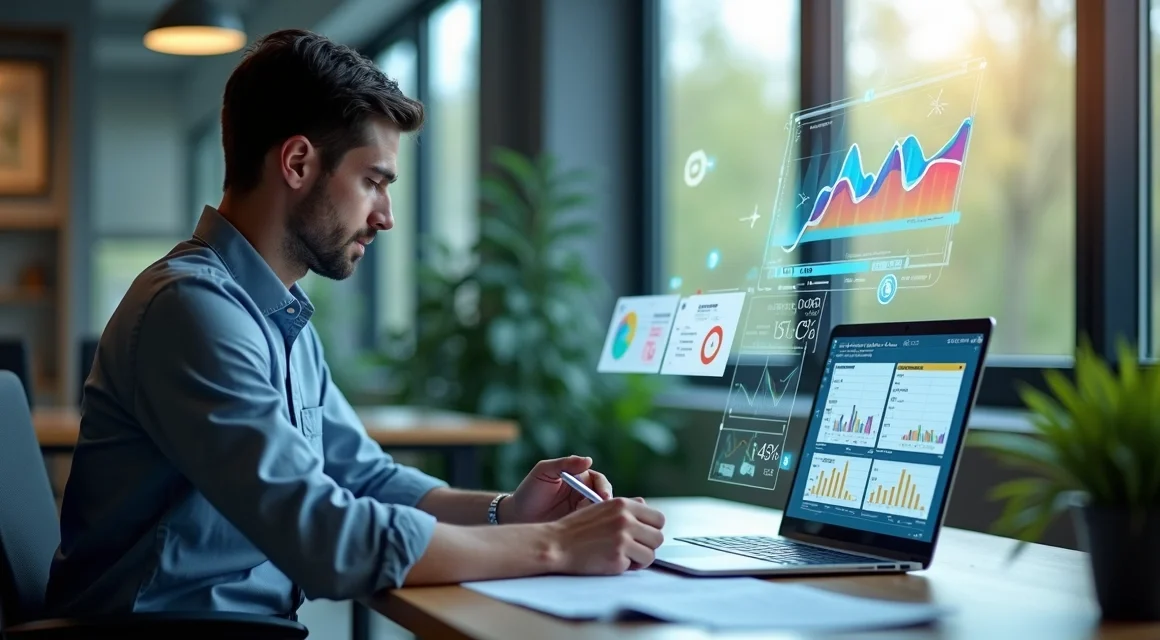 Pessoa negociando contrato de vendas digitais com gráficos e notas ao redor