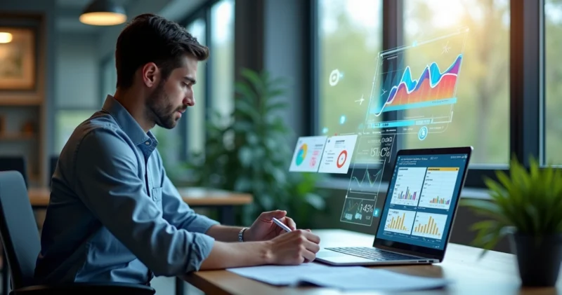 Pessoa negociando contrato de vendas digitais com gráficos e notas ao redor