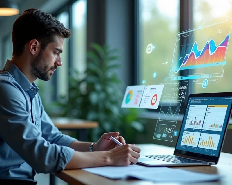 Pessoa negociando contrato de vendas digitais com gráficos e notas ao redor