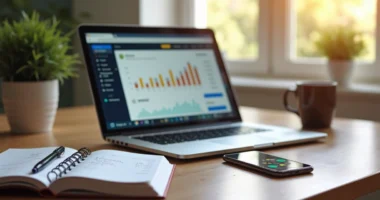 Mesa com notebook, caderno e smartphone mostrando gráficos financeiros e anotações de planejamento