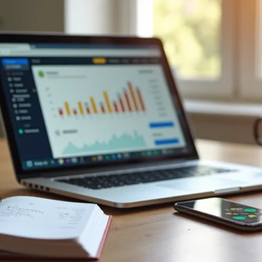 Mesa com notebook, caderno e smartphone mostrando gráficos financeiros e anotações de planejamento