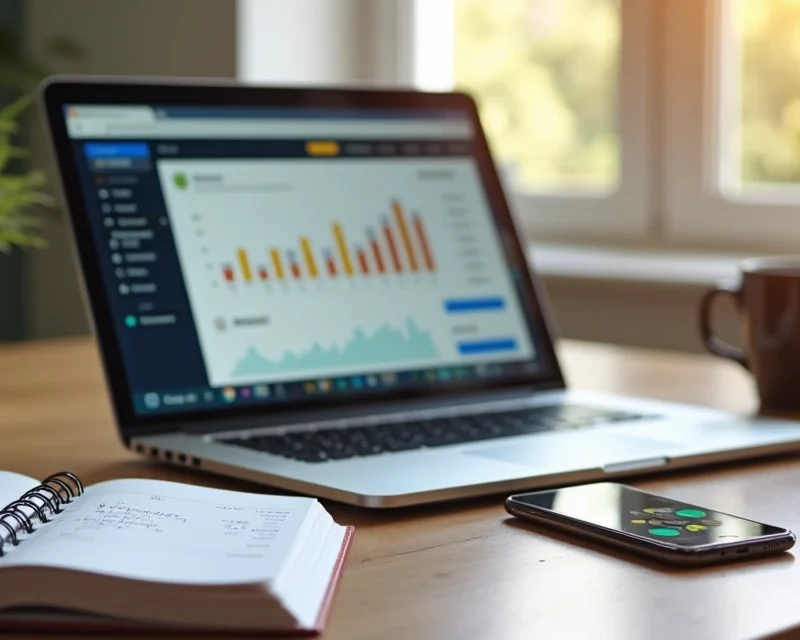 Mesa com notebook, caderno e smartphone mostrando gráficos financeiros e anotações de planejamento