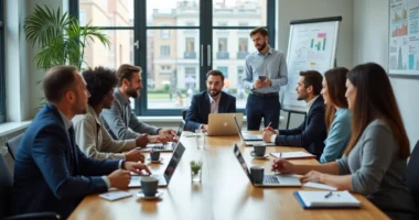 Pessoas em uma reunião de negócios com anotações e laptops discutindo estratégias de indicações e recomendações para vendas