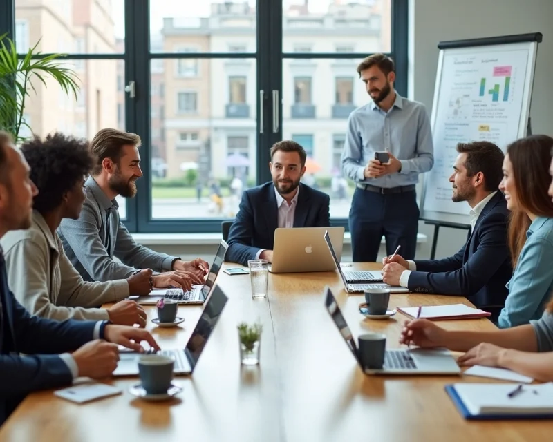 Pessoas em uma reunião de negócios com anotações e laptops discutindo estratégias de indicações e recomendações para vendas
