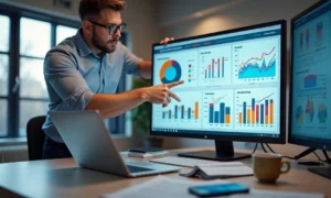 Profissional de vendas consultivas apresentando estratégias de up selling e cross selling com gráficos e dados de desempenho ao fundo