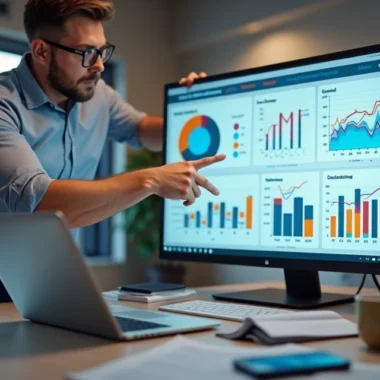 Profissional de vendas consultivas apresentando estratégias de up selling e cross selling com gráficos e dados de desempenho ao fundo