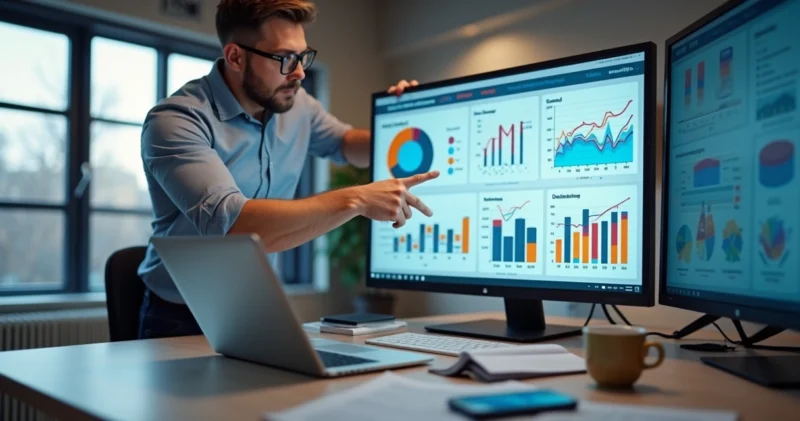 Profissional de vendas consultivas apresentando estratégias de up selling e cross selling com gráficos e dados de desempenho ao fundo