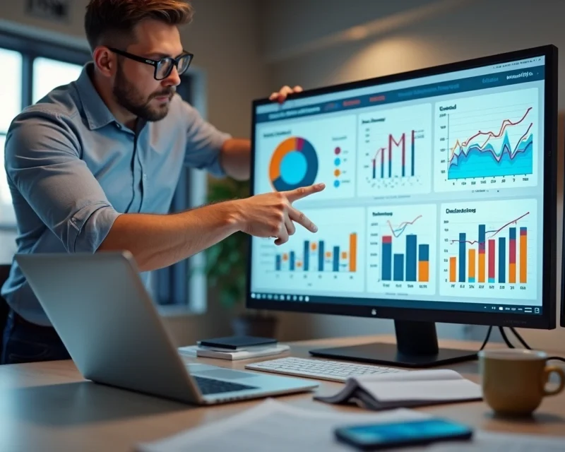 Profissional de vendas consultivas apresentando estratégias de up selling e cross selling com gráficos e dados de desempenho ao fundo