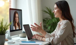 Mulher fazendo venda por vídeo com expressões e gestos visíveis em ambiente claro e profissional