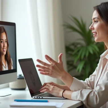Mulher fazendo venda por vídeo com expressões e gestos visíveis em ambiente claro e profissional