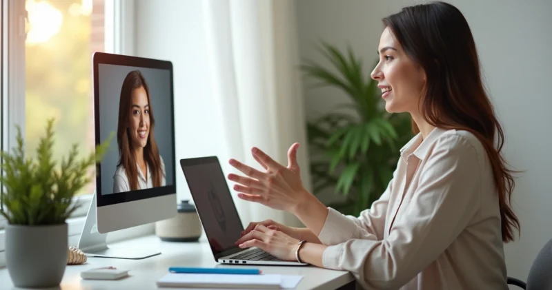 Mulher fazendo venda por vídeo com expressões e gestos visíveis em ambiente claro e profissional