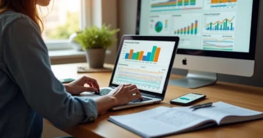 Mulher analisando planilha de ciclo de vendas com gráficos coloridos no notebook