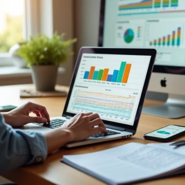 Mulher analisando planilha de ciclo de vendas com gráficos coloridos no notebook