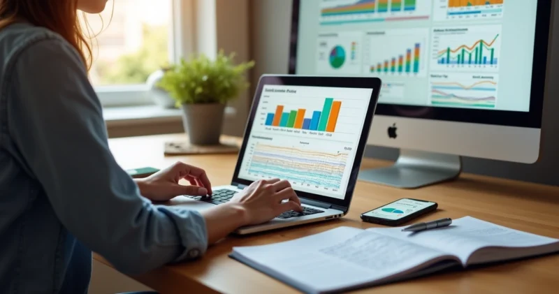 Mulher analisando planilha de ciclo de vendas com gráficos coloridos no notebook