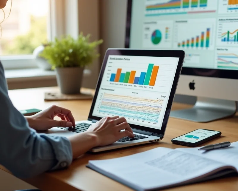 Mulher analisando planilha de ciclo de vendas com gráficos coloridos no notebook