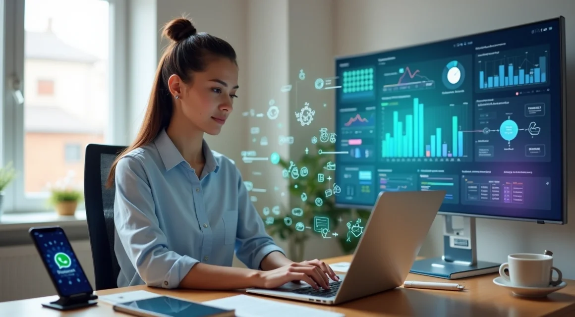 Mulher trabalhando como closer digital usando notebook com várias automações de vendas na tela
