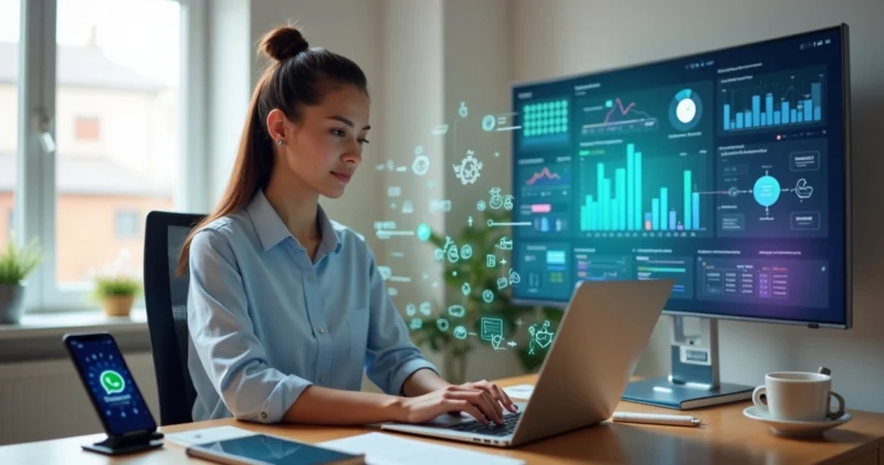 Mulher trabalhando como closer digital usando notebook com várias automações de vendas na tela