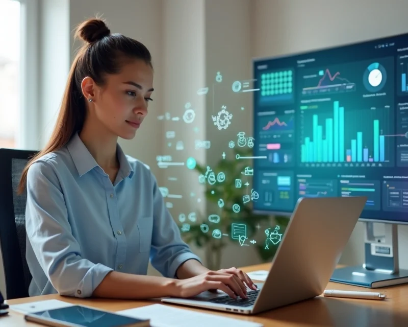 Mulher trabalhando como closer digital usando notebook com várias automações de vendas na tela