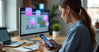 Mulher analisando perfil de vendas no celular com ícones de redes sociais e cadeado de segurança