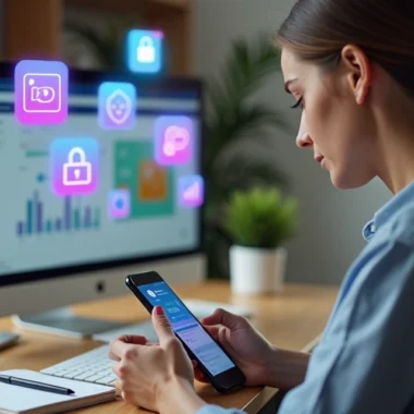 Mulher analisando perfil de vendas no celular com ícones de redes sociais e cadeado de segurança