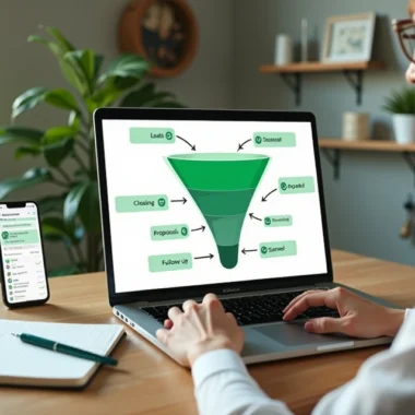 Mulher organizando funil de vendas no WhatsApp em notebook com ícones de mensagens e gráficos