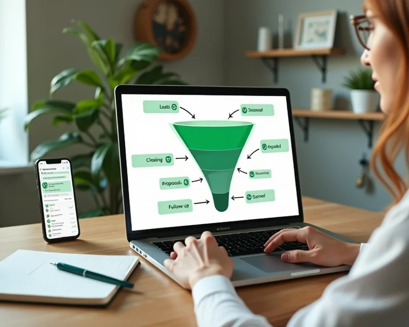 Mulher organizando funil de vendas no WhatsApp em notebook com ícones de mensagens e gráficos