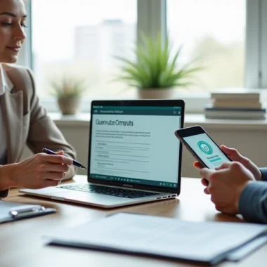 Profissional analisando contrato digital em notebook ao lado de cliente em reunião de vendas consultivas