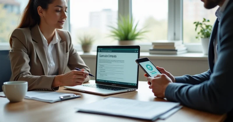 Profissional analisando contrato digital em notebook ao lado de cliente em reunião de vendas consultivas