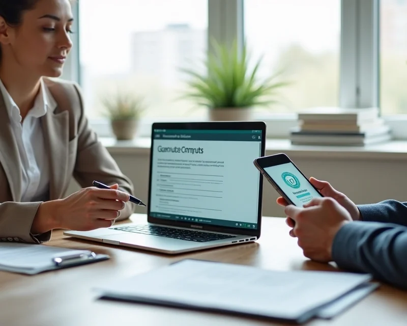 Profissional analisando contrato digital em notebook ao lado de cliente em reunião de vendas consultivas