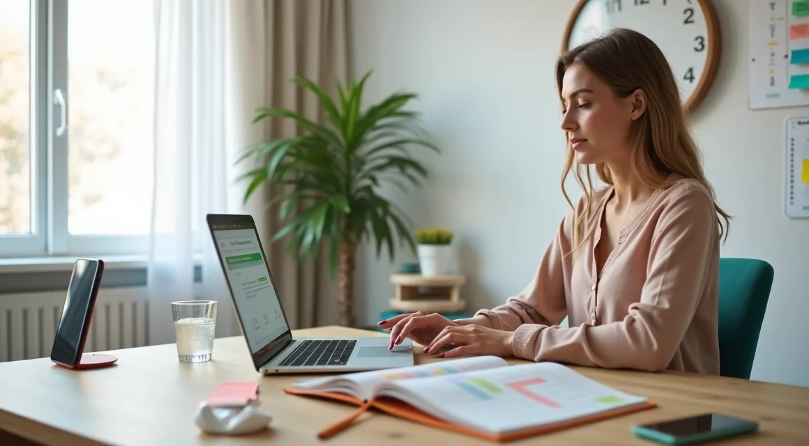 Mulher trabalhando em home office com laptop, agenda aberta e relógio ao fundo organizando tempo de vendas