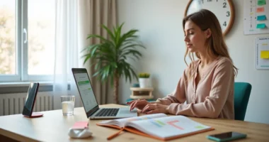 Mulher trabalhando em home office com laptop, agenda aberta e relógio ao fundo organizando tempo de vendas