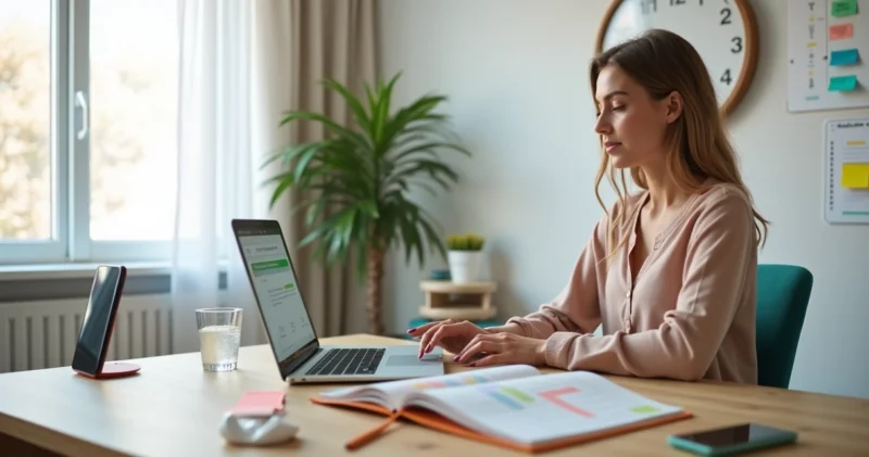 Mulher trabalhando em home office com laptop, agenda aberta e relógio ao fundo organizando tempo de vendas