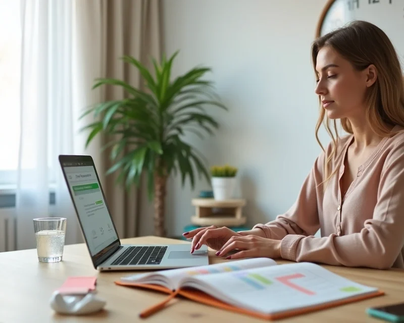 Mulher trabalhando em home office com laptop, agenda aberta e relógio ao fundo organizando tempo de vendas