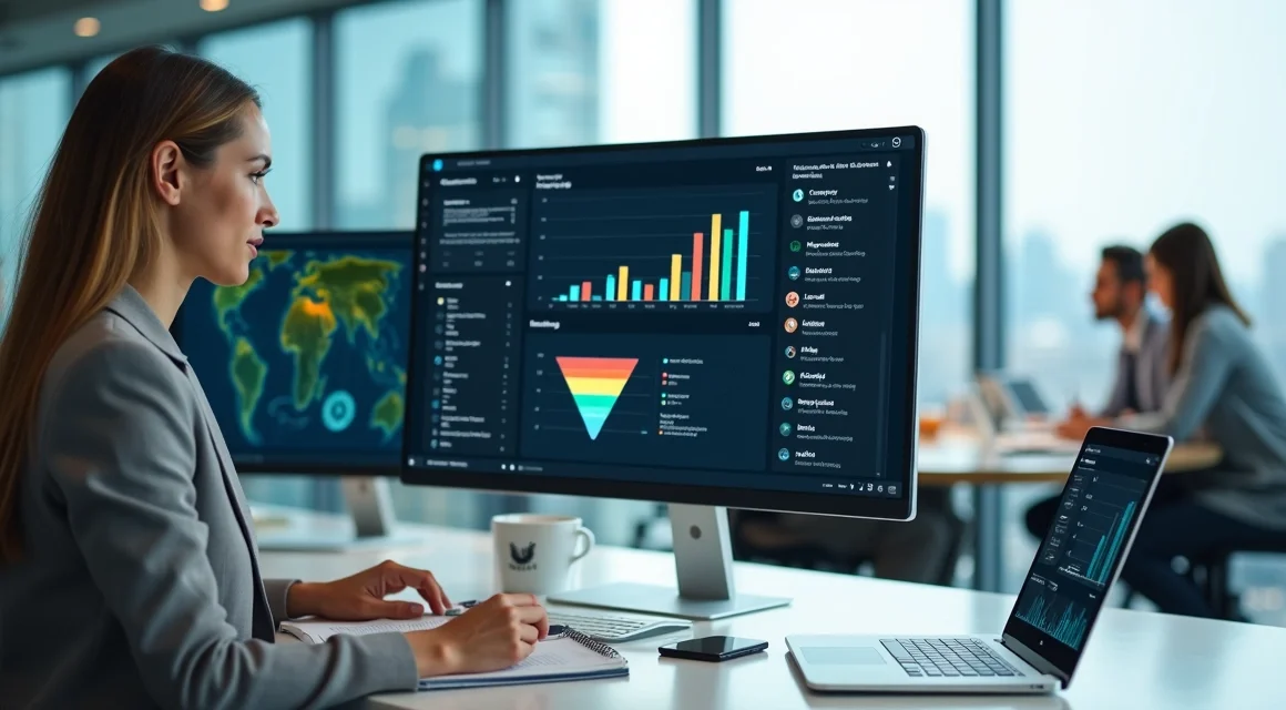 Executiva analisando painel de dados para prospecção b2b em escritório moderno