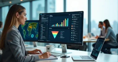 Executiva analisando painel de dados para prospecção b2b em escritório moderno