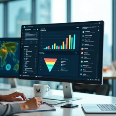 Executiva analisando painel de dados para prospecção b2b em escritório moderno