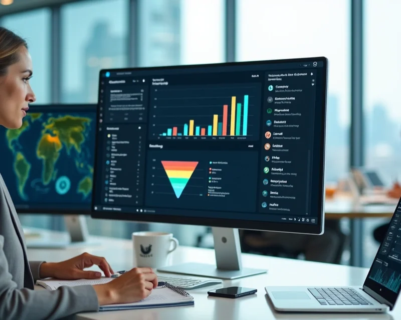 Executiva analisando painel de dados para prospecção b2b em escritório moderno